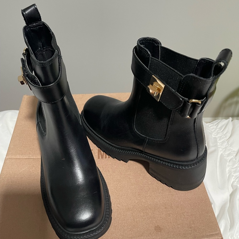 Steve Madden Black Ankle Boots with Gold Buckle